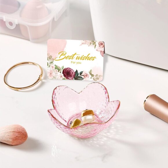 Pink Flower Jewelry Dish Glass Ring Holder Dish Jewelry Tray Cute Vanity - Picture 4 of 7